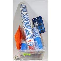 BOX OF ASSORTED HOUSEHOLD ITEMS, CUPS ETC