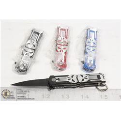 4 MINI KEYCHAIN SKULL KNIVES - 2 BLACK, 1 BLUE, 1
