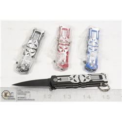 4 MINI KEYCHAIN SKULL KNIVES - 2 BLACK, 1 BLUE, 1