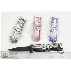 4 MINI KEYCHAIN SKULL KNIVES - 2 BLACK, 1 BLUE, 1