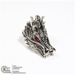 MENS HEAVY SILVERSTEEL DRAGON HEAD BIKER RING SZ10
