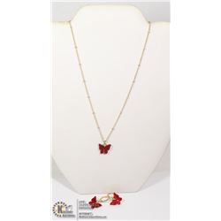 NEW RED BUTTERFLY EARRING AND NECKLACE SET