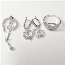 SILVER CUBIC ZIRCONIA EARRING, RING,