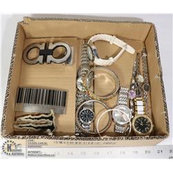 FLAT OF WATCHES AND BELT BUCKLES
