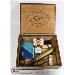 CIGAR BOX OF COLLECTIBLES INCLUDING LIGHTERS,