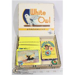 CIGAR BOX OF COLLECTIBLES INCLUDING CARDS AND PINS
