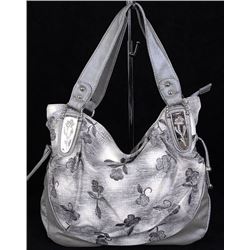 SILVER FLORAL PURSE WITH METAL DETAILS