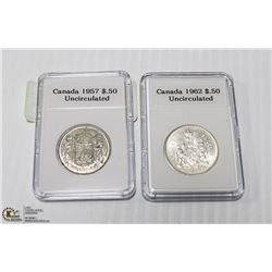 UNCIRCULATED 1962 + 1957 SILVER CAN. $.50