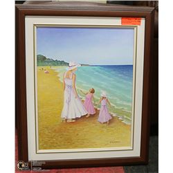UNTITLED OIL ON CANVAS "FAMILY BY THE BEACH' SIGN