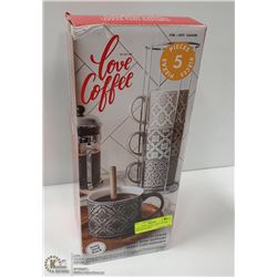 NEW LOVE COFFEE 4 MUG SET ON WOODEN STAND