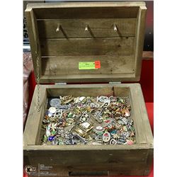 WOOD CHEST OF BROOCHES AND PINS