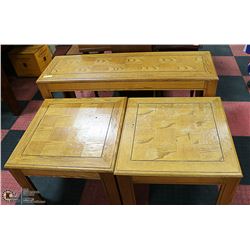SET OF WOOD TABLES, SOFA TABLE AND 2 END TABLES