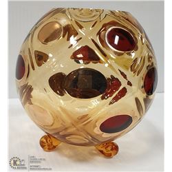 VINTAGE AMBER & RUBY BOHEMIAN FOOTED ROUND VASE