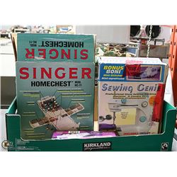 BOX OF SINGER HOME CHEST, SEWING GENIE AND