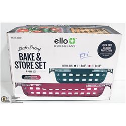 NEW ELLO DURAGLASS BAKE & STORE SET 4 PC LEAK PROOF