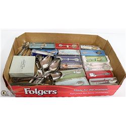 LARGE FLAT OF COLLECTOR SPOONS AND SILVER PLATE