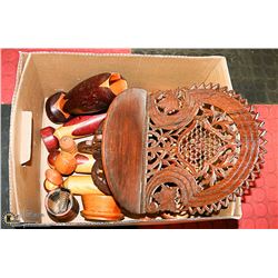 LARGE BOX OF HAND CARVED WOOD, TREEN, INTRICATELY