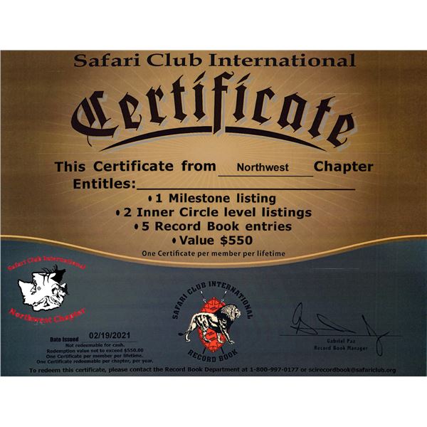 SCI Record Book Entry Certificate