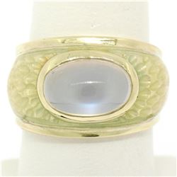 14K Yellow Gold Fine Cabochon Blue Moonstone & Enamel Textured Ring Unique
