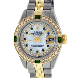 Rolex Ladies 2 Tone MOP Sapphire & Emerald Oyster Perpetual Datejust Wriswatch