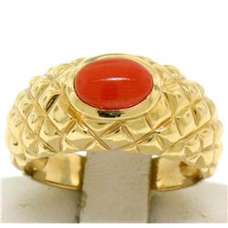 14k Yellow Gold Oval Cabochon Bezel Set Coral Domed Quilted Texture Ring