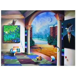 Ferjo, "Magritte's Garden View" Original Painting on Canvas, Hand Signed with Le