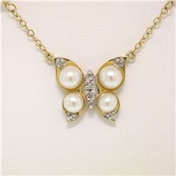 14K Yellow Gold Pearl & Diamond Butterfly Pendant Necklace w/ Pearl By the Yard