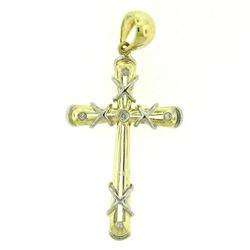 14k Solid Two Tone Gold 0.07 ctw Round Brilliant Bezel Set Diamond Cross Pendant