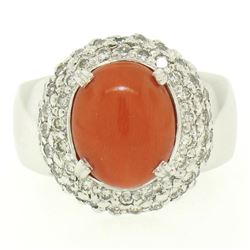14kt White Gold Oval Cabochon Red Coral Ring w/ 2.10 ctw Diamond Halo