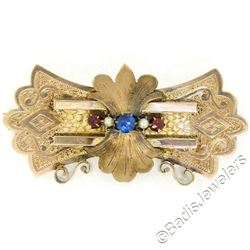 Antique Victorian Engraved Etched 9k Rose Gold Sapphire Ruby & Pearl Brooch Pin