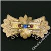 Image 2 : Antique Victorian Engraved Etched 9k Rose Gold Sapphire Ruby & Pearl Brooch Pin