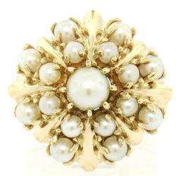 Estate 14k Yellow Gold 3 Tier 17 Pearl Snowflake Burst Cluster Cocktail Ring