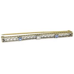 Antique Two Tone 14kt Gold Diamond & Synthetic Sapphire Open Filigree Bar Pin
