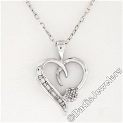 10kt White Gold Pave Set Single Cut Diamond Open Heart Flower Cluster Pendant Ne