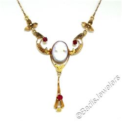 Antique 10K Rose Green Yellow Gold Carved Coral Cameo Dangle Collier Necklace