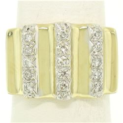 Italian 14K Solid Yellow Gold .35 ctw G VS Diamond Vertical Grooved Wide Band Ri