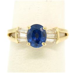 14k Yellow Gold ROYAL BLUE Sapphire Solitaire Ring Fine Baguette Diamond Accents