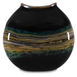 "Black Opal Flat Vessel" Hand-Blown Glass Bowl Sculpture, Hand Signed by Gartner