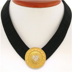 Stylish JAHAN 18K Gold Black Leather .50 ctw Diamond Heart Round Shield Necklace