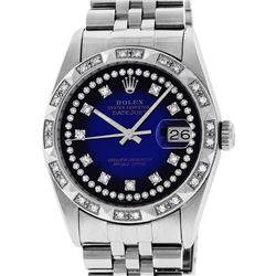 Rolex Mens Stainless Steel Blue Vignette Pyramid Diamond Bezel Datejust Wristwat