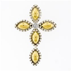18K Gold Silver Bead Work Marquise Cross Pendant & Bezel Diamond