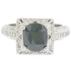 14k White Gold 2.10 ctw Cushion Black & Pavï¿½ Round White Diamond Solitaire Eng
