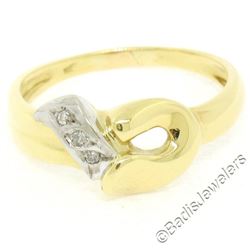 Unique Petite 18K Two Tone Gold Round Single Cut Diamond Open Knot Ring