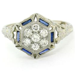 Antique Art Deco 18K White Gold 0.40 ctw Diamond & Sapphire Cluster Filigree Rin