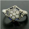 Image 2 : Antique Art Deco 18K White Gold 0.40 ctw Diamond & Sapphire Cluster Filigree Rin