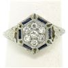 Image 5 : Antique Art Deco 18K White Gold 0.40 ctw Diamond & Sapphire Cluster Filigree Rin