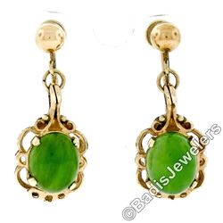 Vintage 14kt Yellow Gold Oval Green Jade Non Pierced Earrings