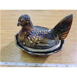 Hen on nest, Fenton - original label inside - iridescent