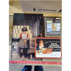 2 Tin Plaques & Small Bulletin Board