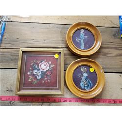 2 Round Needlework Pictures, 1 Square